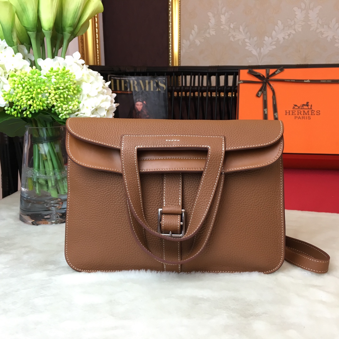 Hermes Halzan 31 Handbag Shoulder Bag In Brown Clemence Leather